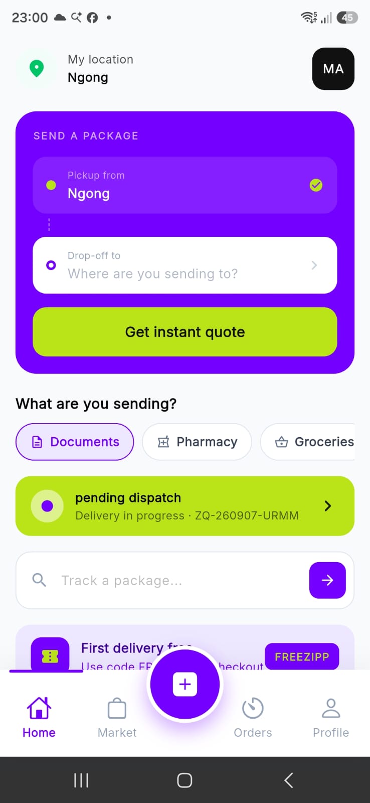ZipGo customer home screen