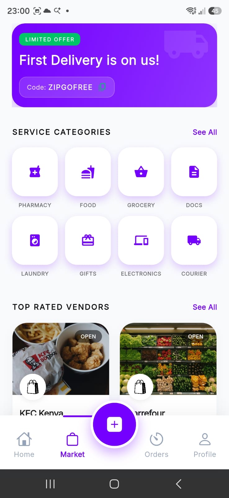 ZipGo market and service categories screen